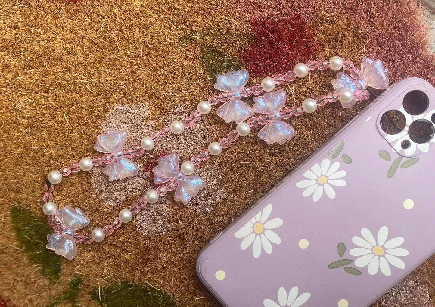 Pretty in Pink Bow Phone Charm – Handmade Beaded Wrist Strap with Pearls & Sparkle!