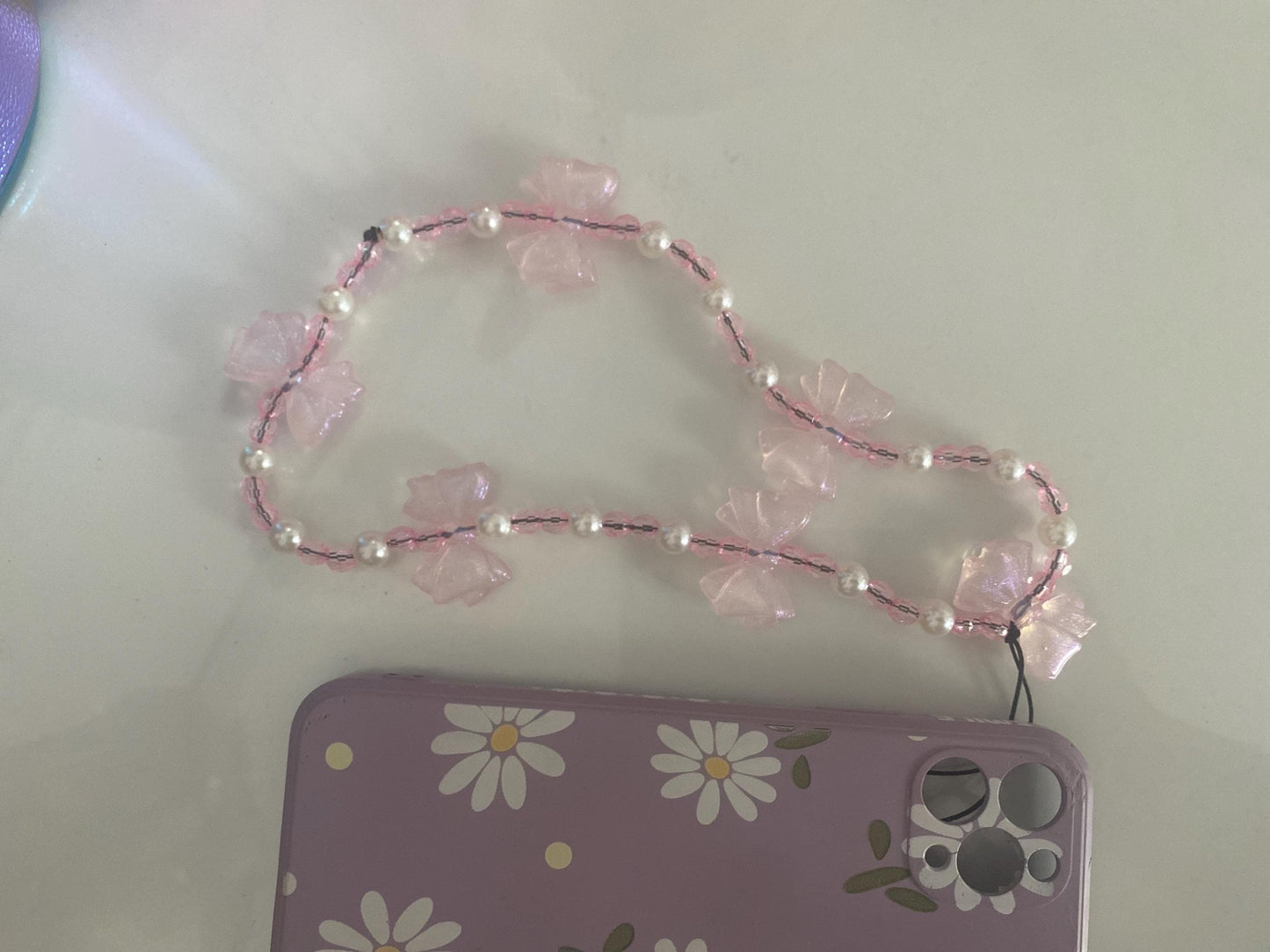 Pretty in Pink Bow Phone Charm – Handmade Beaded Wrist Strap with Pearls & Sparkle!