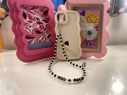 Black and White Phone Charm Chequered Heart Charm Slogan Black Tassel