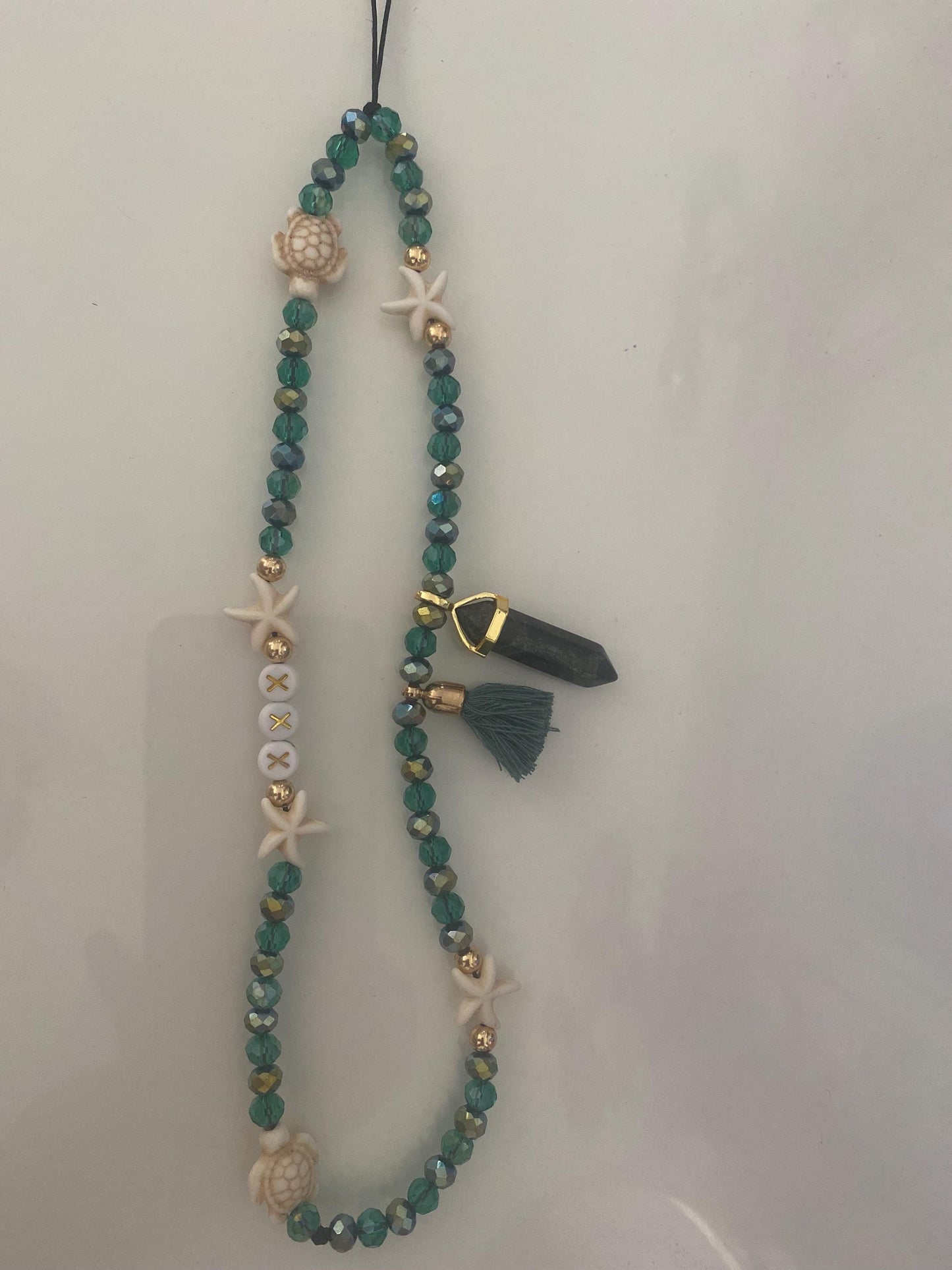 Personalise Name Phone Charm Green, Gold, Starfish, Turtle, Natural Kambaba Jasper Charm, Green Tassel, 6mm Beads Personalised Gift