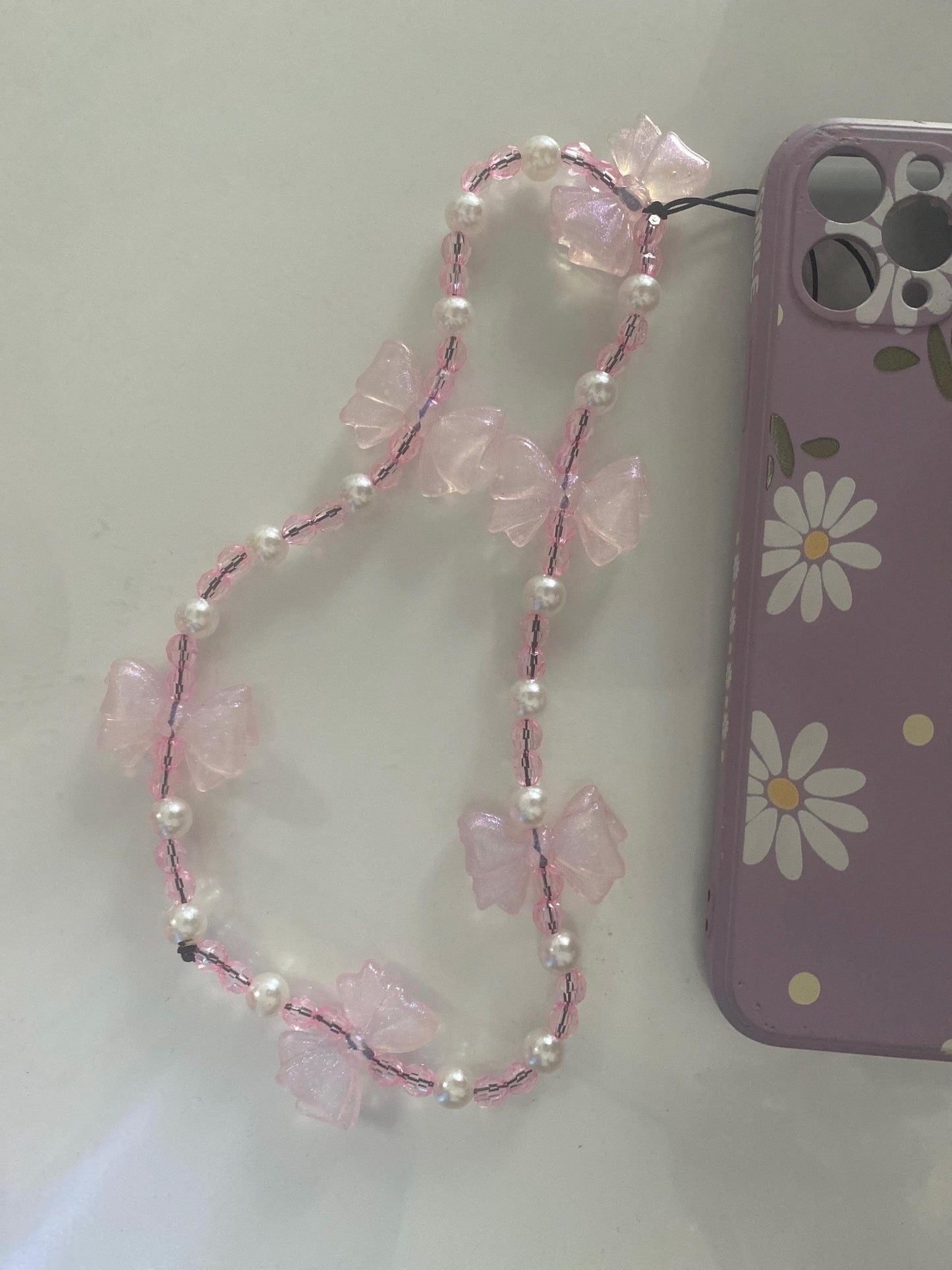 Pretty in Pink Bow Phone Charm – Handmade Beaded Wrist Strap with Pearls & Sparkle!