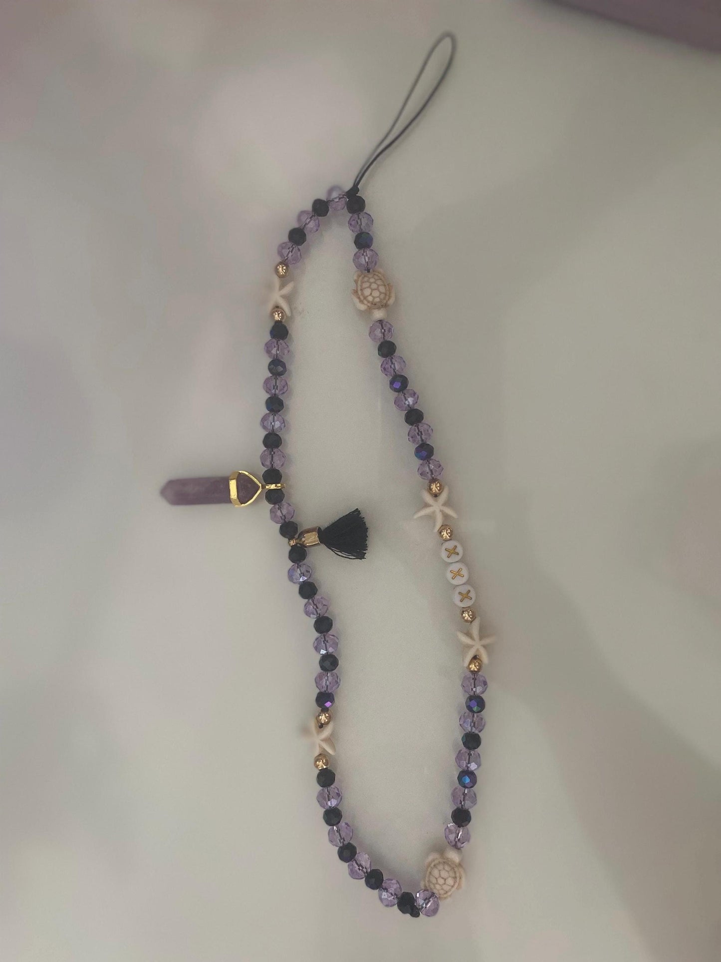 Personalise Name Phone Charm Purple, Black, Gold, Starfish, Turtle, Natural Lepidolite Charm, Black Tassel, Personalised Gift