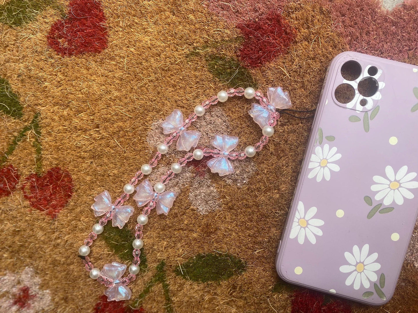 Pretty in Pink Bow Phone Charm – Handmade Beaded Wrist Strap with Pearls & Sparkle!
