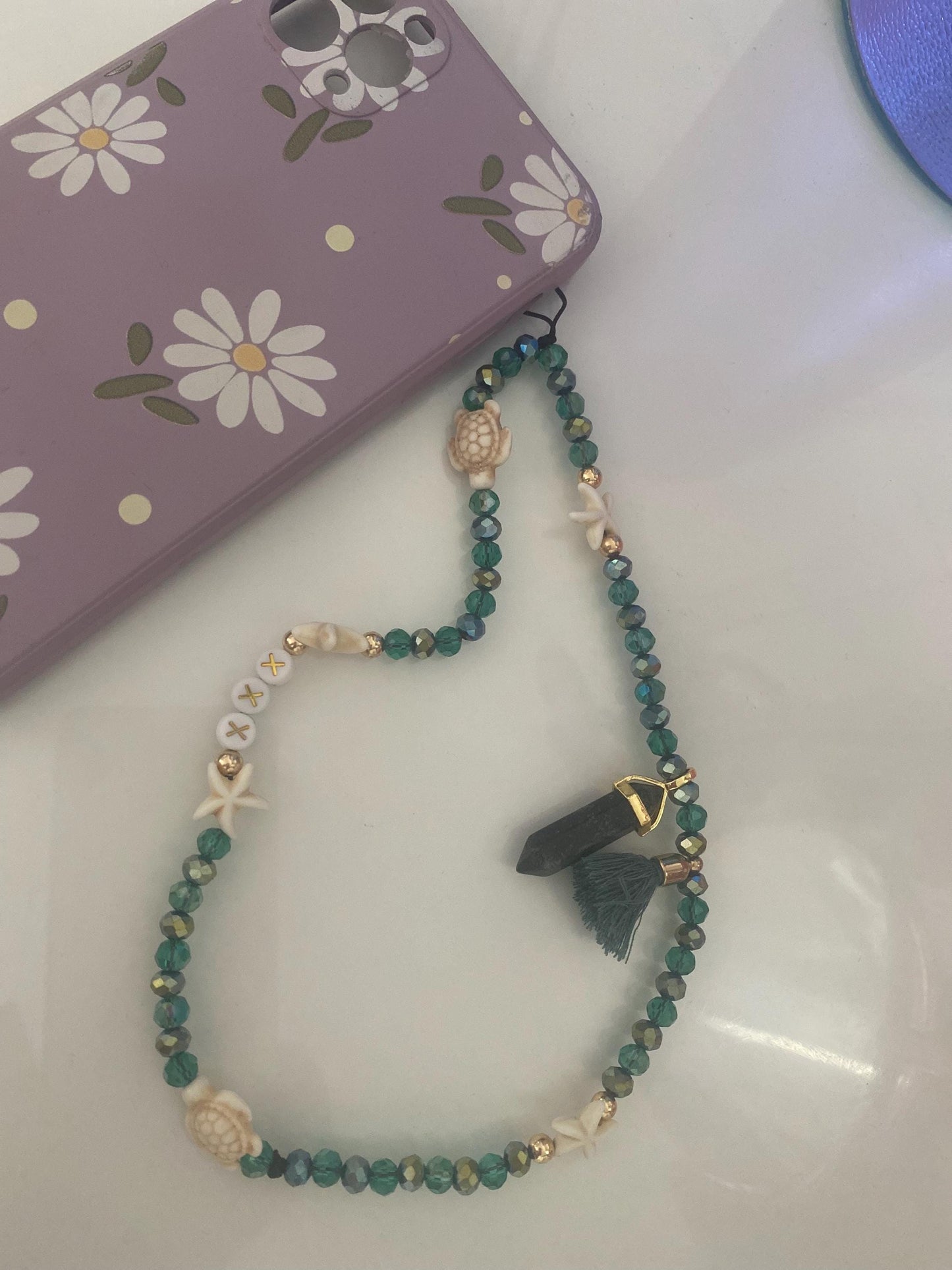 Personalise Name Phone Charm Green, Gold, Starfish, Turtle, Natural Kambaba Jasper Charm, Green Tassel, 6mm Beads Personalised Gift