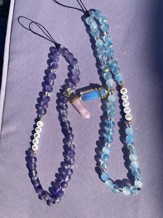 Personalise Name Phone Charm With Crystal Pendant Blue Opalite Purple Lepidolite Spiritual Custom Accessory Phone Strap Personalised Gift