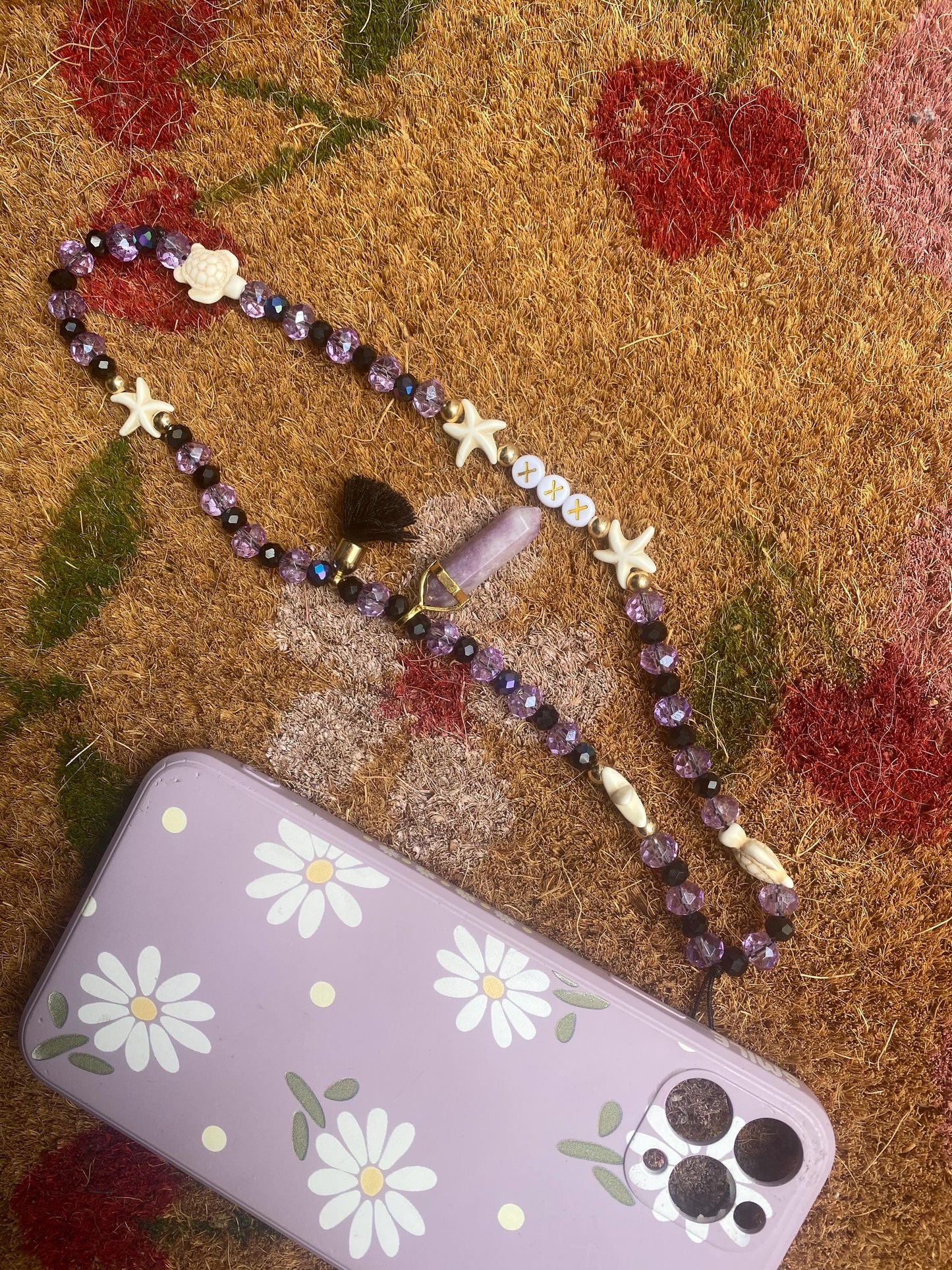Personalise Name Phone Charm Purple, Black, Gold, Starfish, Turtle, Natural Lepidolite Charm, Black Tassel, Personalised Gift