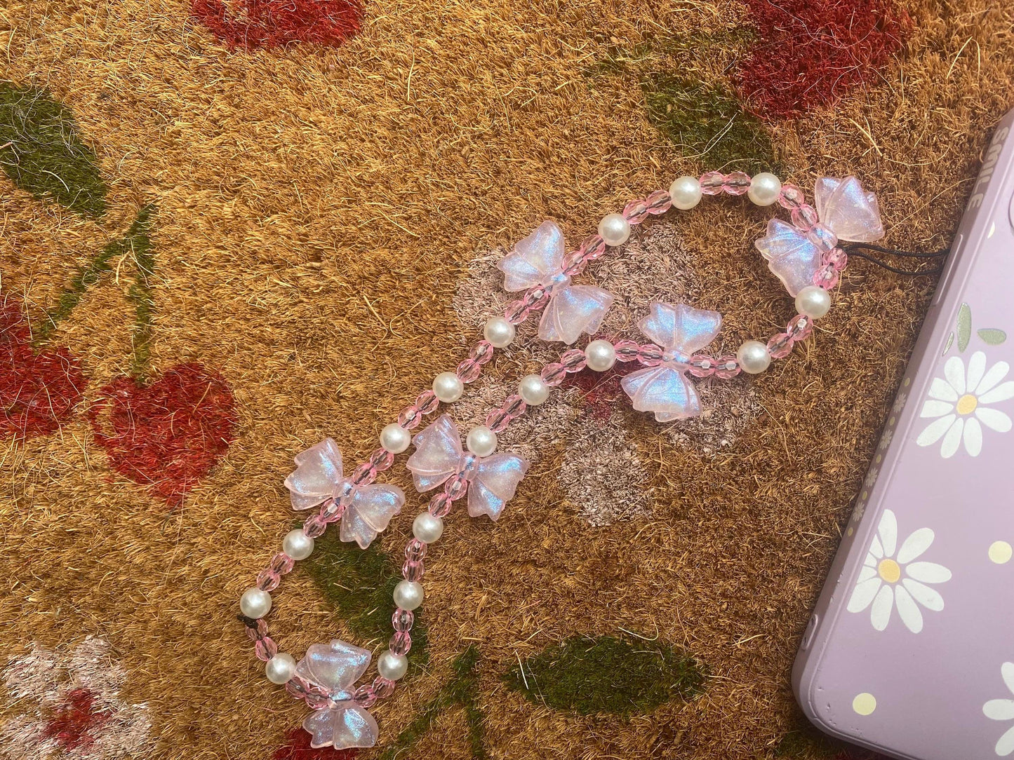 Pretty in Pink Bow Phone Charm – Handmade Beaded Wrist Strap with Pearls & Sparkle!