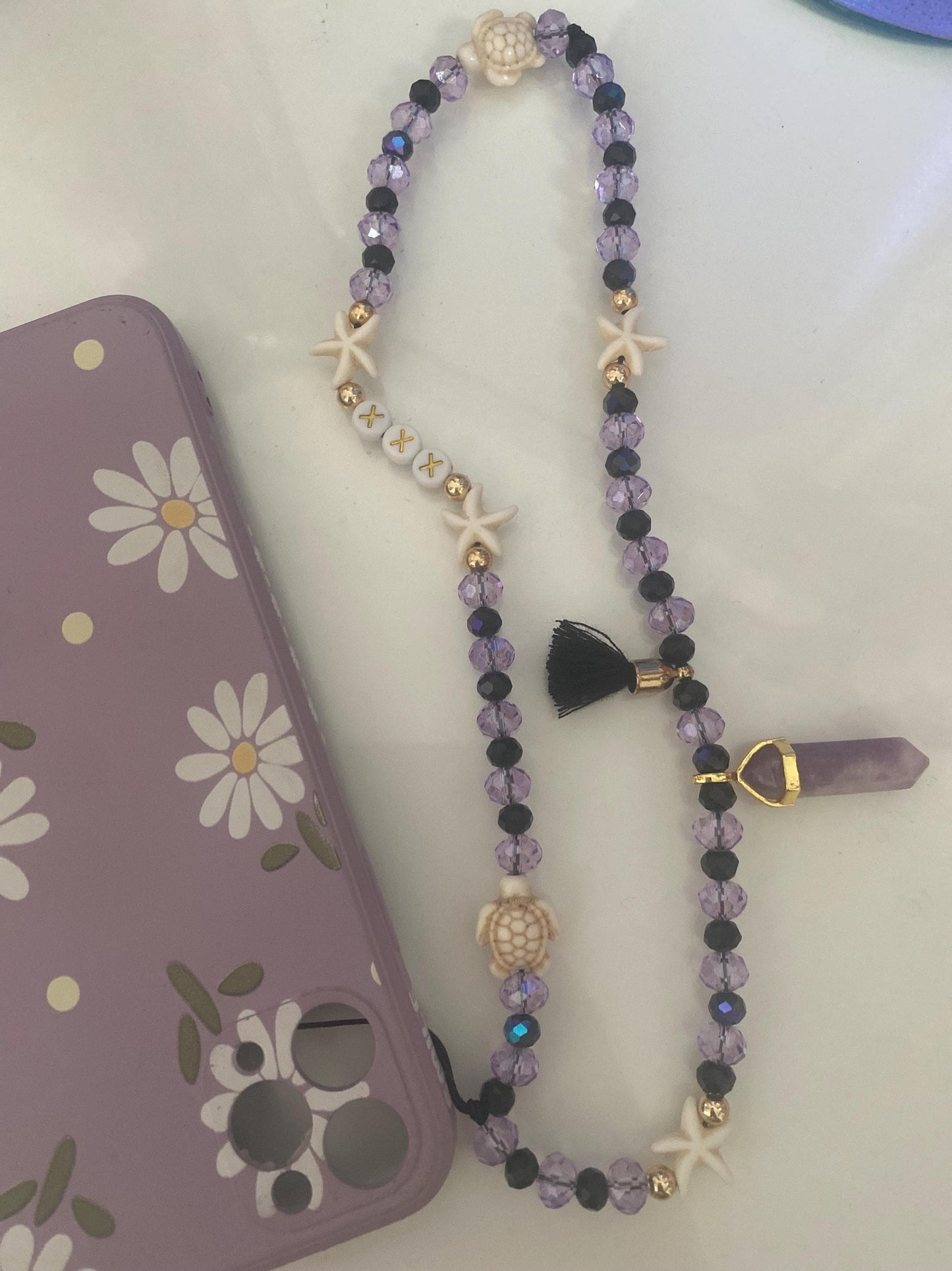 Personalise Name Phone Charm Purple, Black, Gold, Starfish, Turtle, Natural Lepidolite Charm, Black Tassel, Personalised Gift