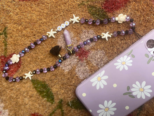 Personalise Name Phone Charm Purple, Black, Gold, Starfish, Turtle, Natural Lepidolite Charm, Black Tassel, Personalised Gift