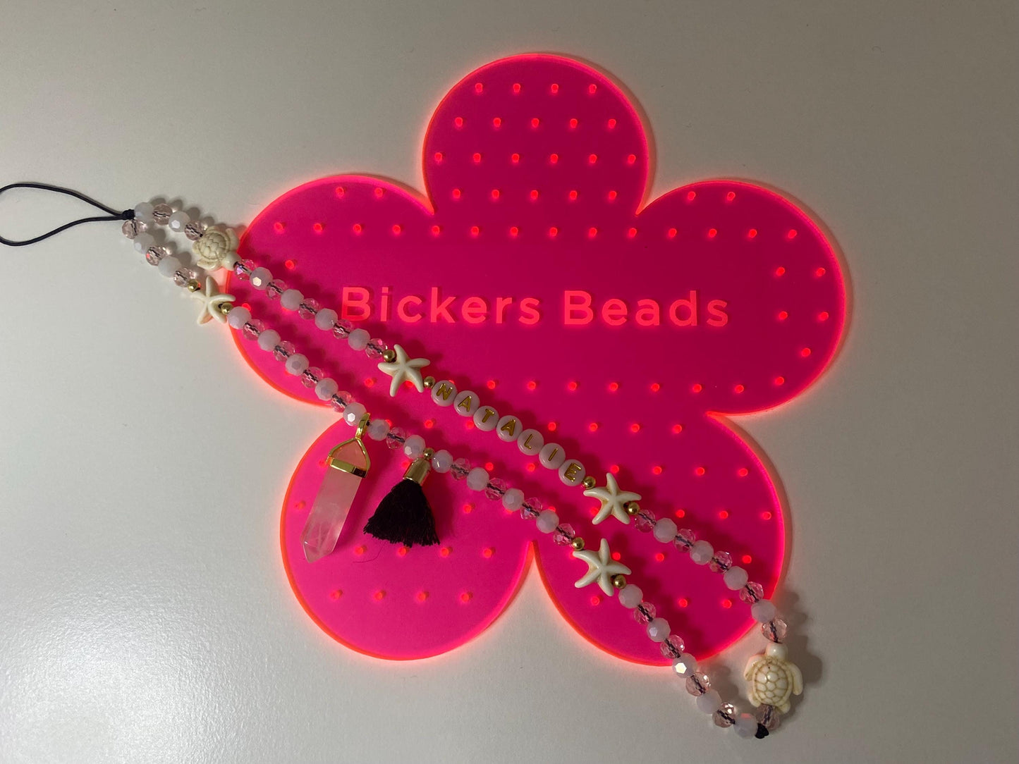 Personalise Name Phone Charm Pink, White, Gold, Starfish, Turtle, Natural Rose Quartz Charm, Black Tassel, 6mm Beads Personalised Gift
