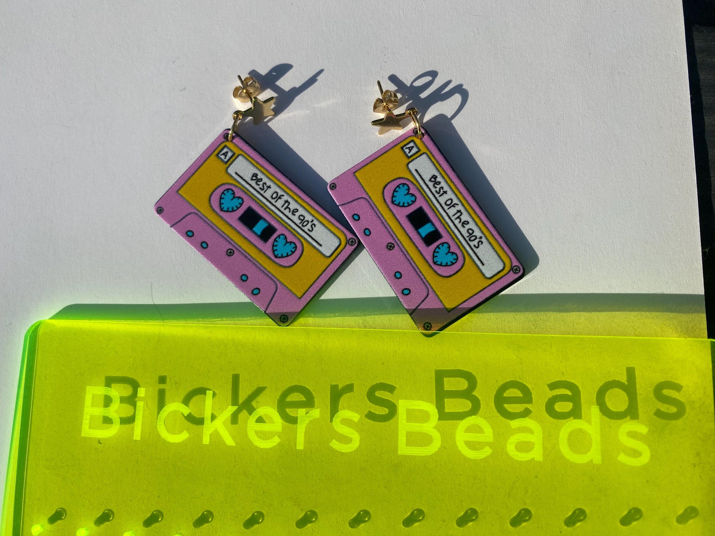 90s Cassette Tape Earrings Retro Dangle with Gold Stainless Steel Star Studs Fun Music Lover Gift Festival Jewellery Cute Unique Glastonbury