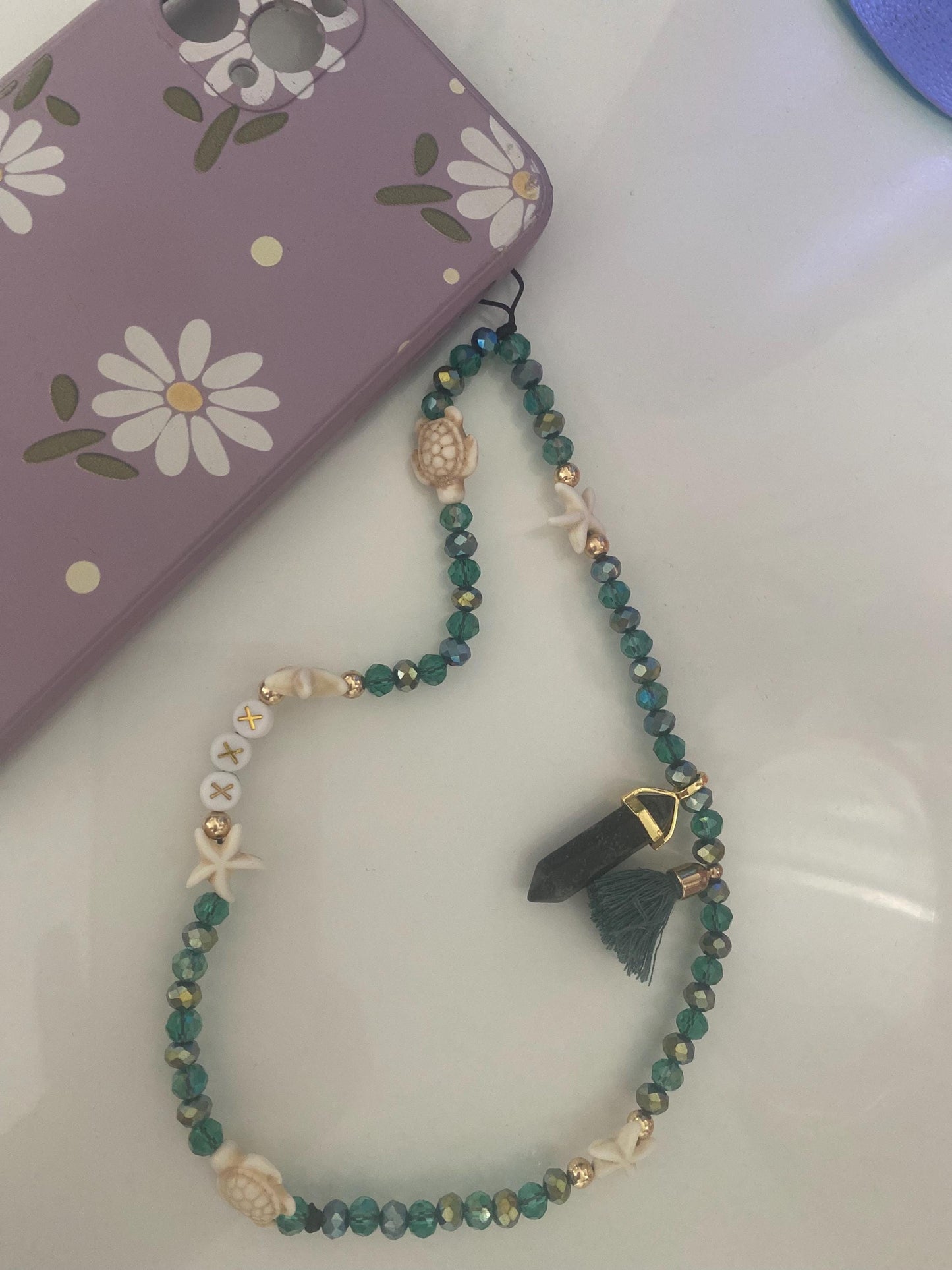Personalise Name Phone Charm Green, Gold, Starfish, Turtle, Natural Kambaba Jasper Charm, Green Tassel, 6mm Beads Personalised Gift