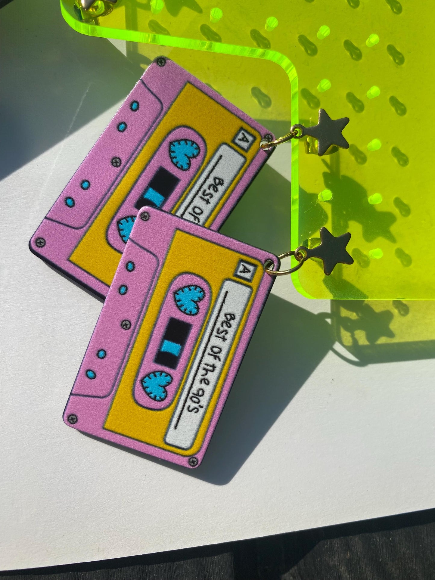 90s Cassette Tape Earrings Retro Dangle with Gold Stainless Steel Star Studs Fun Music Lover Gift Festival Jewellery Cute Unique Glastonbury