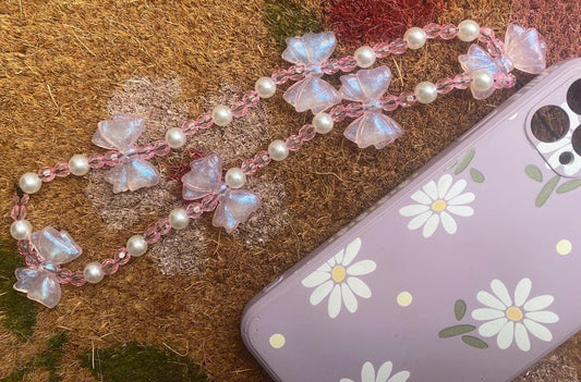 Pretty in Pink Bow Phone Charm – Handmade Beaded Wrist Strap with Pearls & Sparkle!