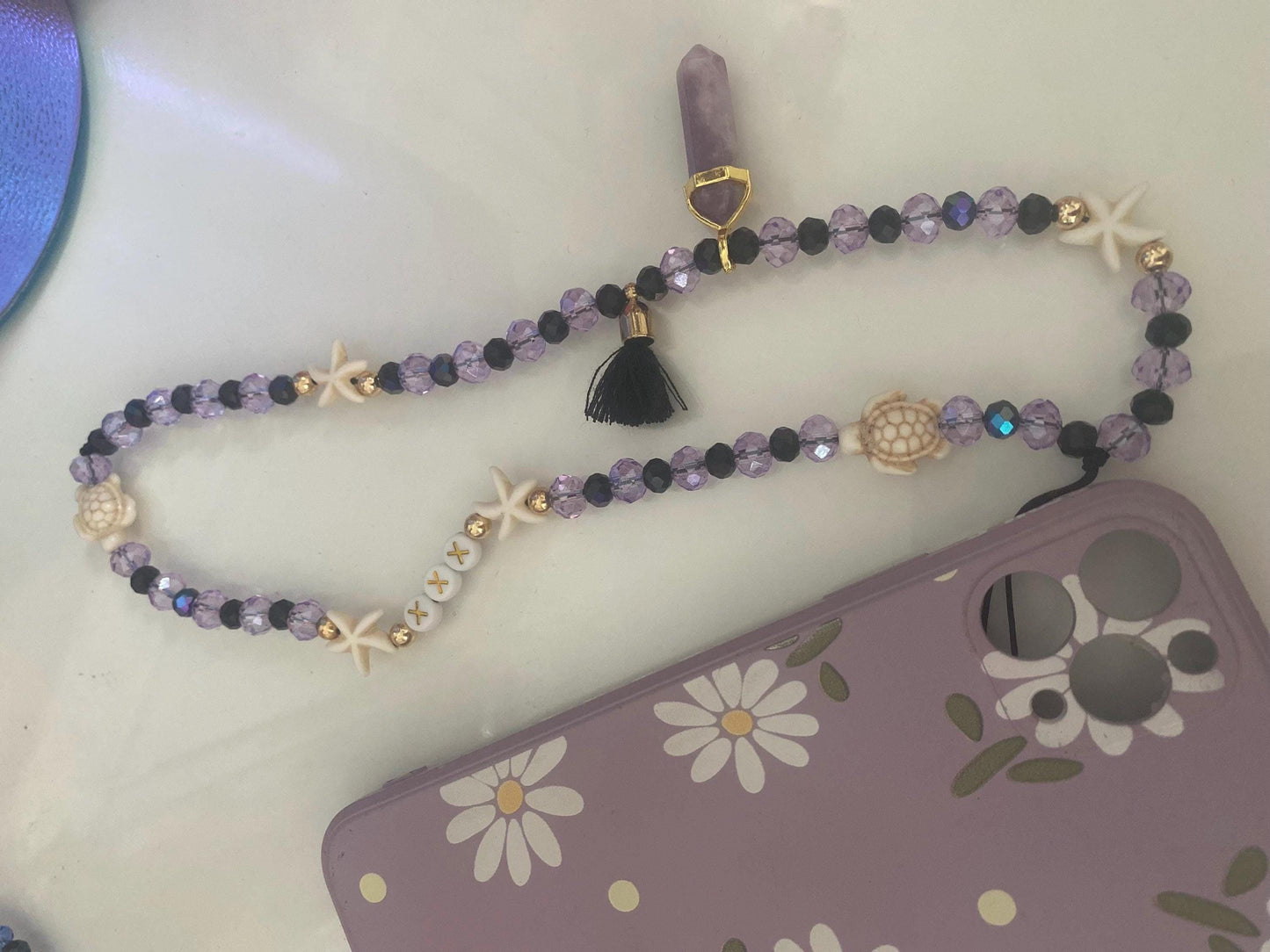 Personalise Name Phone Charm Purple, Black, Gold, Starfish, Turtle, Natural Lepidolite Charm, Black Tassel, Personalised Gift