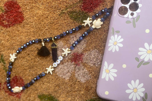 Personalise Name Phone Charm Blue, Gold, Starfish, Turtle, Blue Sparkle Glitter Charm, Black Tassel, Personalised Gift