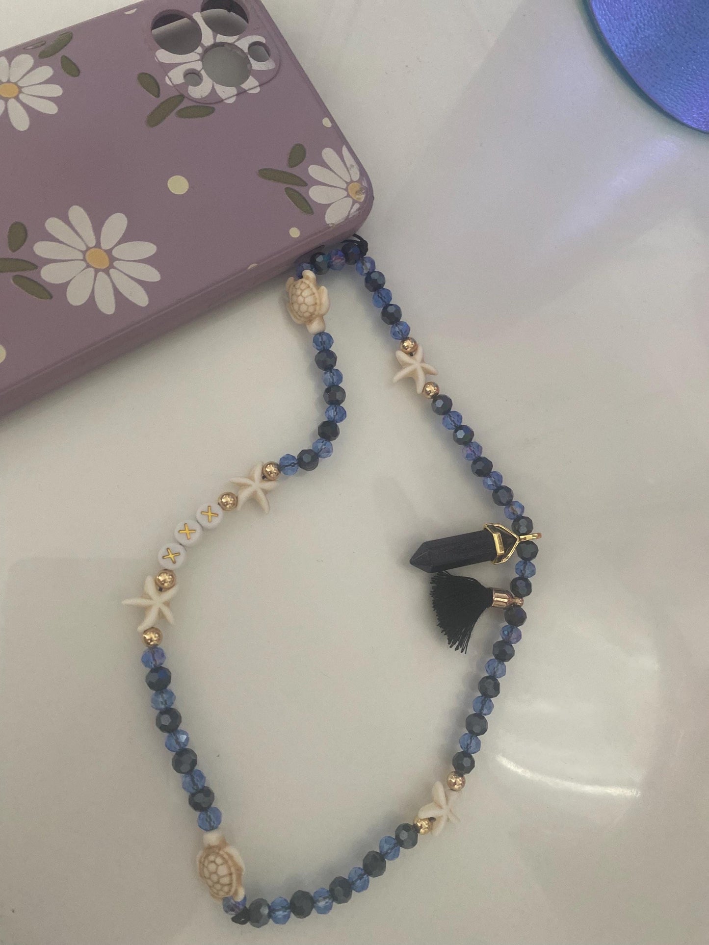 Personalise Name Phone Charm Blue, Gold, Starfish, Turtle, Blue Sparkle Glitter Charm, Black Tassel, Personalised Gift