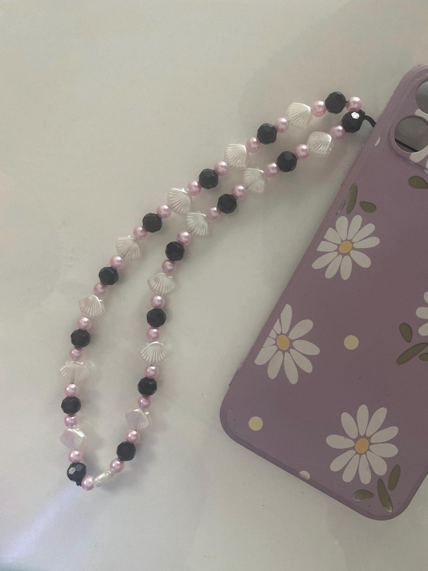 Seashell Dreams Phone Charm – Handmade Beaded Wrist Strap in Pearl Pink & Black Tones