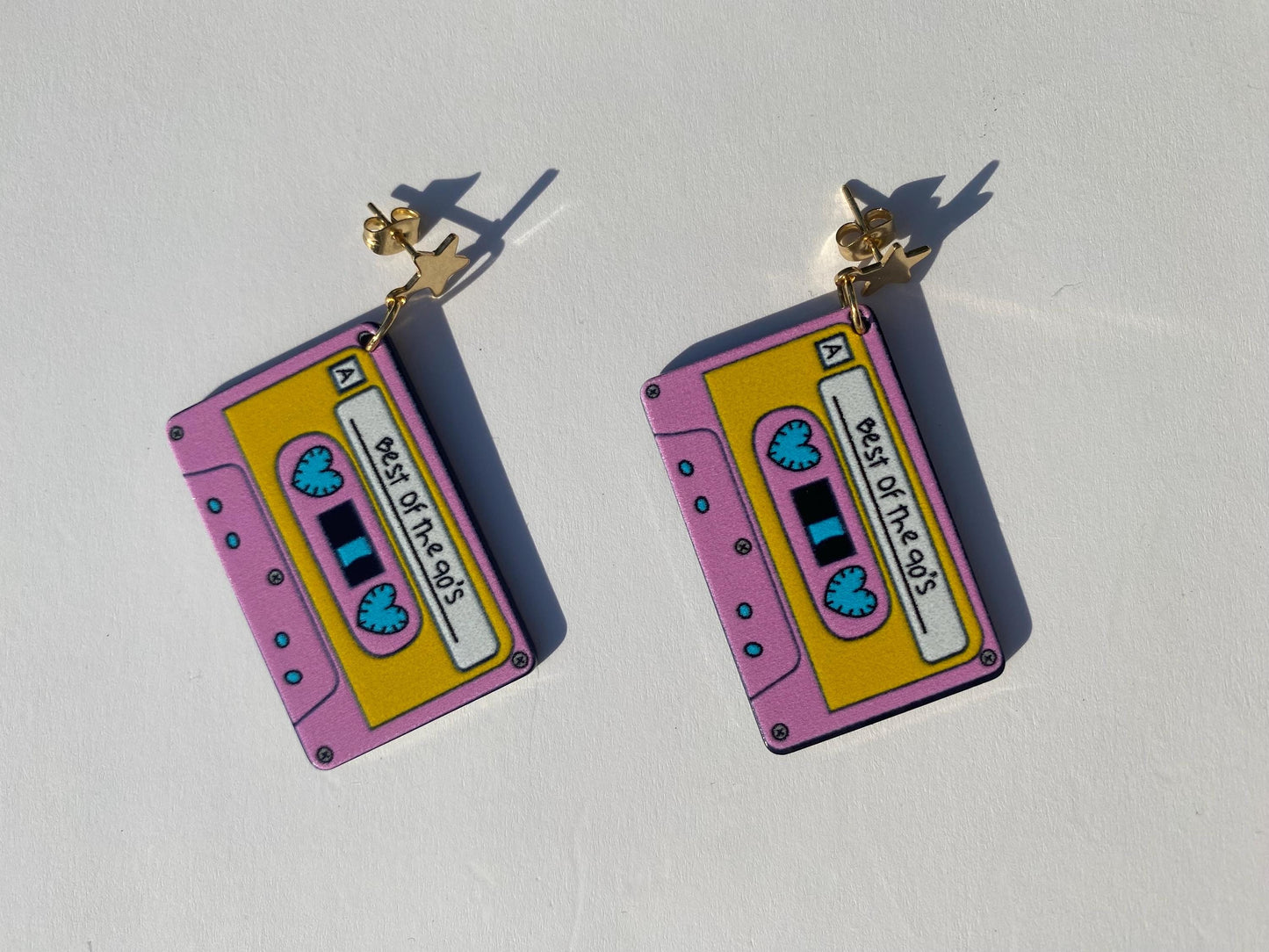 90s Cassette Tape Earrings Retro Dangle with Gold Stainless Steel Star Studs Fun Music Lover Gift Festival Jewellery Cute Unique Glastonbury