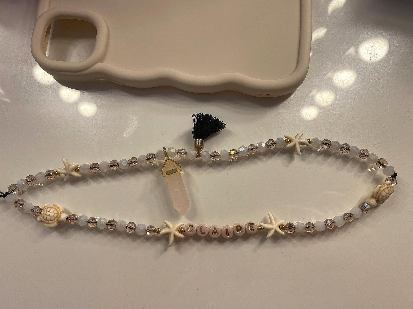 Personalise Name Phone Charm Pink, White, Gold, Starfish, Turtle, Natural Rose Quartz Charm, Black Tassel, 6mm Beads Personalised Gift