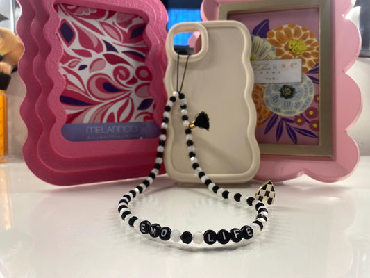 Black and White Phone Charm Chequered Heart Charm Slogan Black Tassel