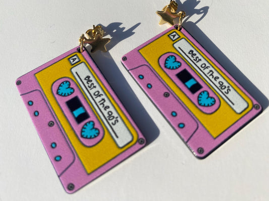 90s Cassette Tape Earrings Retro Dangle with Gold Stainless Steel Star Studs Fun Music Lover Gift Festival Jewellery Cute Unique Glastonbury