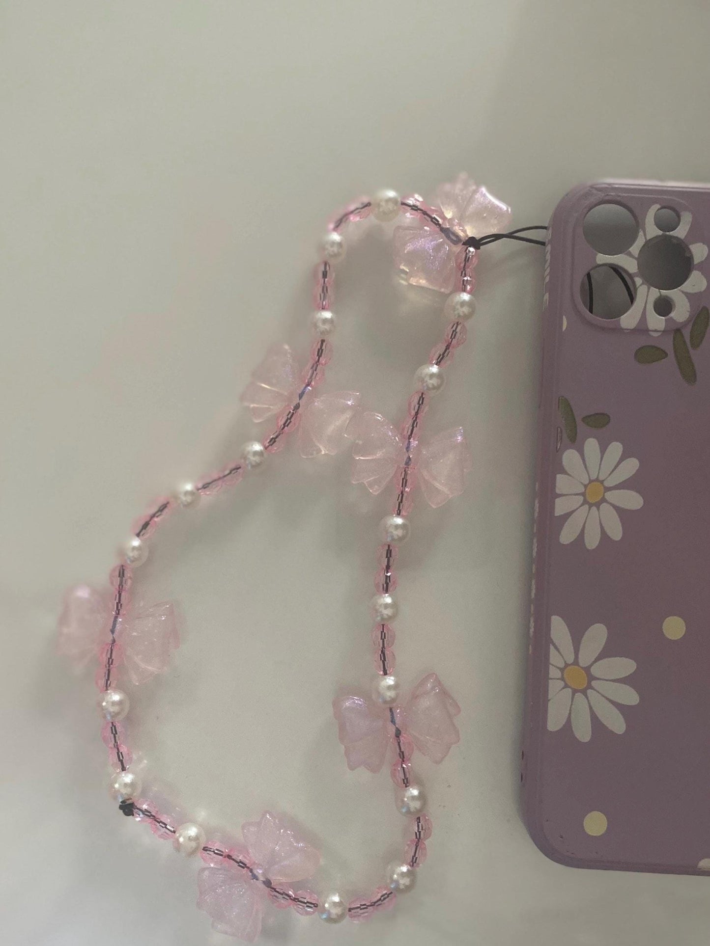 Pretty in Pink Bow Phone Charm – Handmade Beaded Wrist Strap with Pearls & Sparkle!