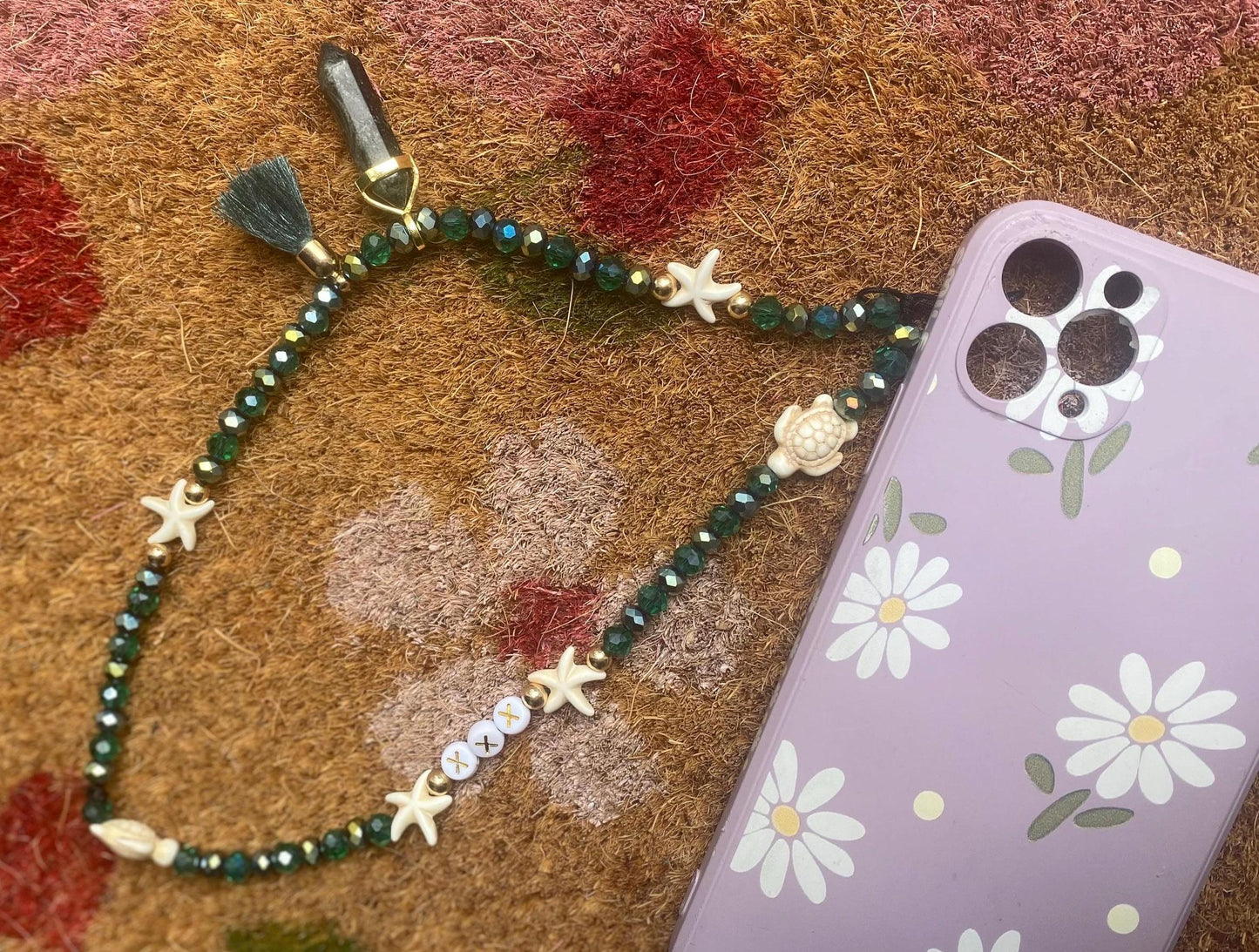Personalise Name Phone Charm Green, Gold, Starfish, Turtle, Natural Kambaba Jasper Charm, Green Tassel, 6mm Beads Personalised Gift