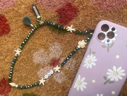 Personalise Name Phone Charm Green, Gold, Starfish, Turtle, Natural Kambaba Jasper Charm, Green Tassel, 6mm Beads Personalised Gift