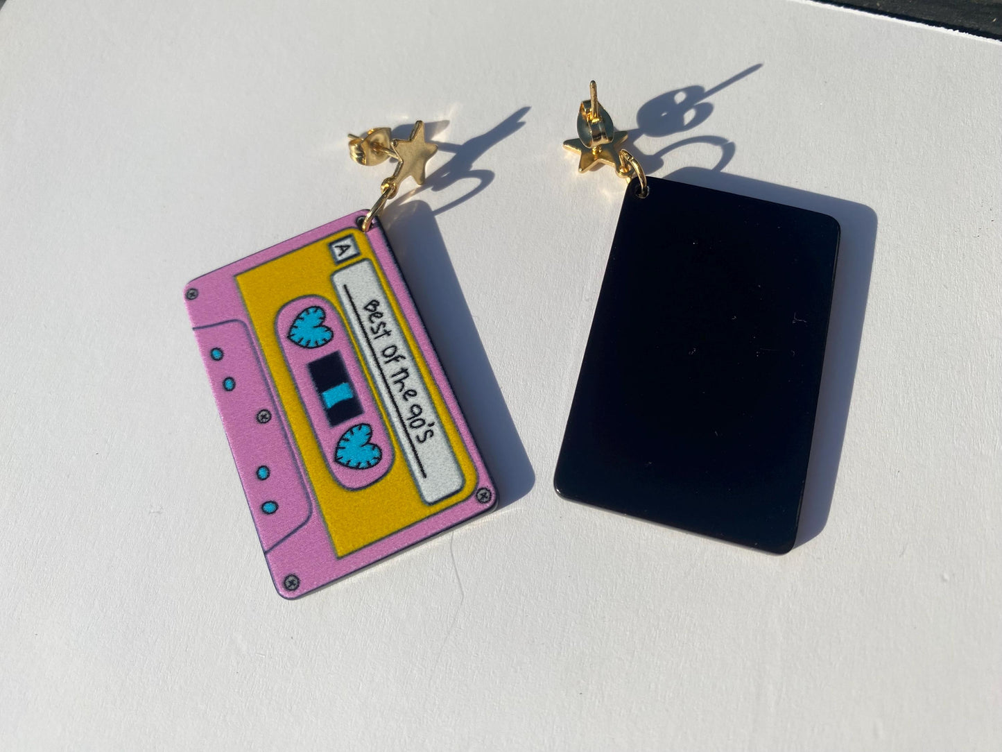 90s Cassette Tape Earrings Retro Dangle with Gold Stainless Steel Star Studs Fun Music Lover Gift Festival Jewellery Cute Unique Glastonbury
