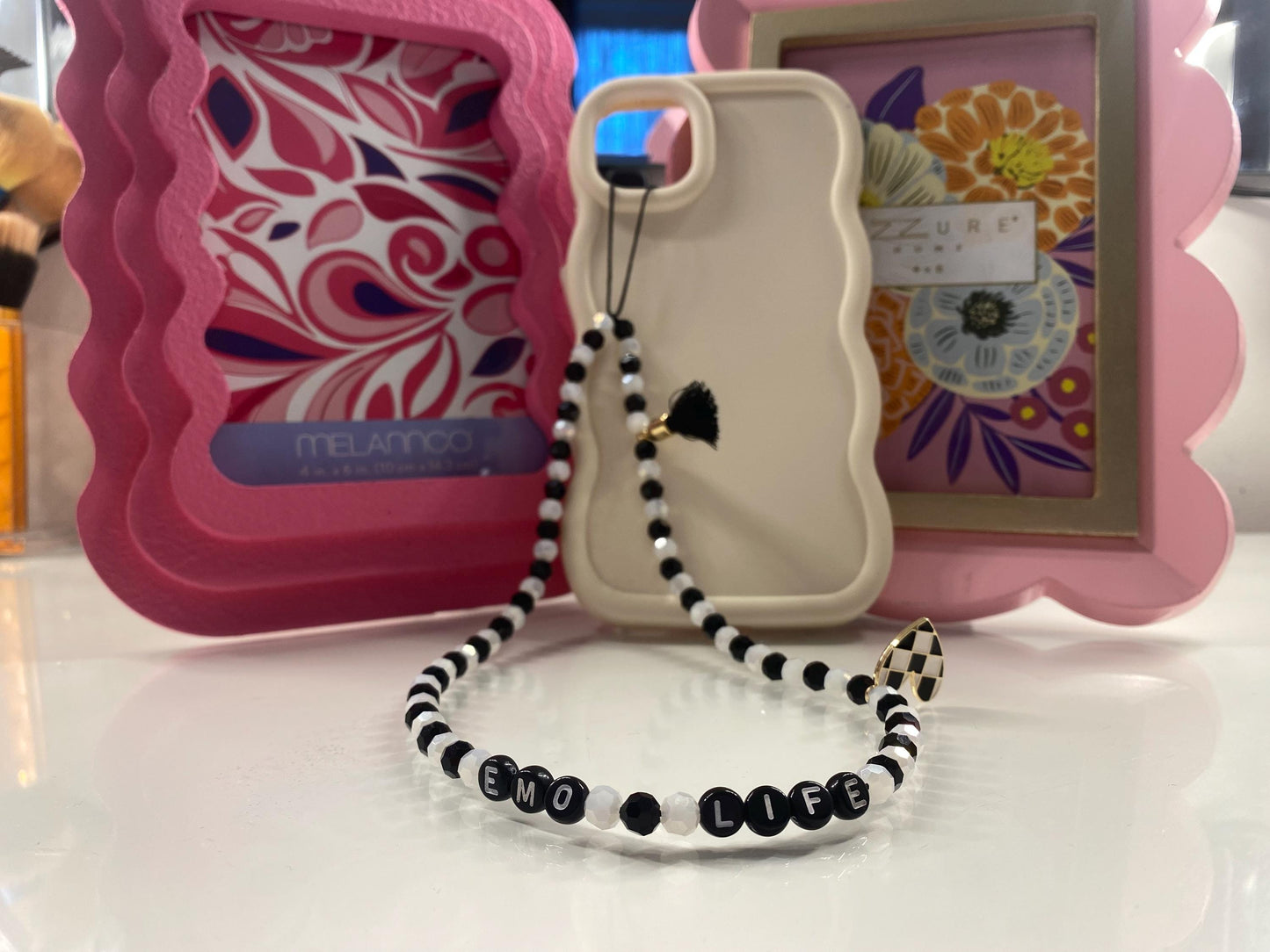 Black and White Phone Charm Chequered Heart Charm Slogan Black Tassel