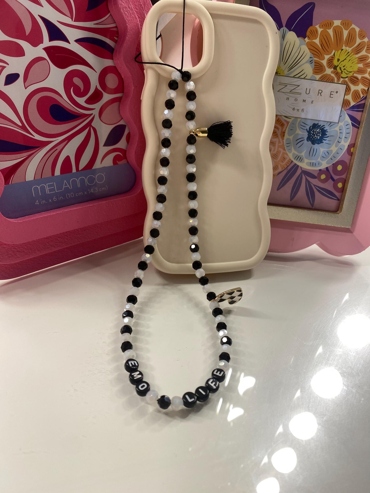 Black and White Phone Charm Chequered Heart Charm Slogan Black Tassel
